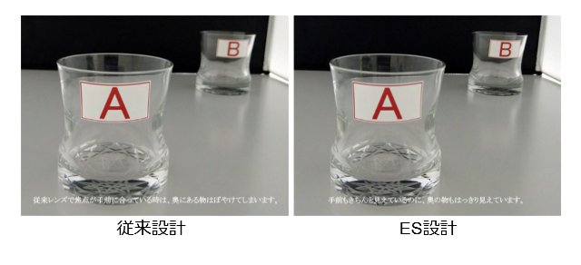 異なる距離にある２つのグラスの鮮明度の比較｜ES設計レンズと従来レンズ
