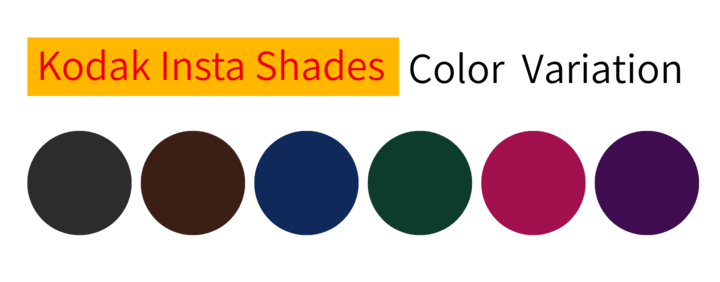 コダックレンズ Insta Shades インスタシェードの6色カラーバリエーション：グレイ、ブラウン、グリーン、ブルー、ピンク、パープル