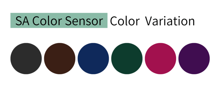 エスエイビジョン ColorSensor調光レンズの6色カラーバリエーション:グレイ、ブラウン、グリーン、ブルー、ピンク、パープル