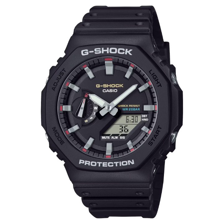 松江市のメガネ時計宝飾 長谷川時計店で再入荷したG-SHOCK GA-2100RL-1AJF。赤、青、黄のクラシックカラーが特徴の八角形ベゼルデザイン。島根県の時計店で人気の耐衝撃モデル。