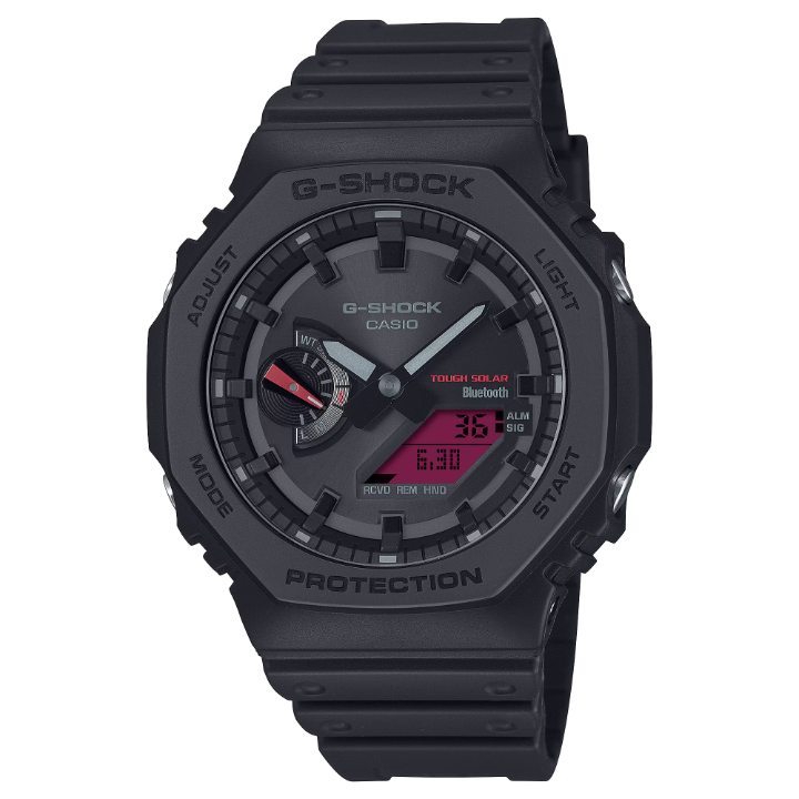 松江のメガネ時計宝飾 長谷川時計店で販売中のG-SHOCK GA-B2100BBR-1AJF。ブラックとレッドのクールなデザインにソーラー駆動を搭載した島根県で人気の時計。