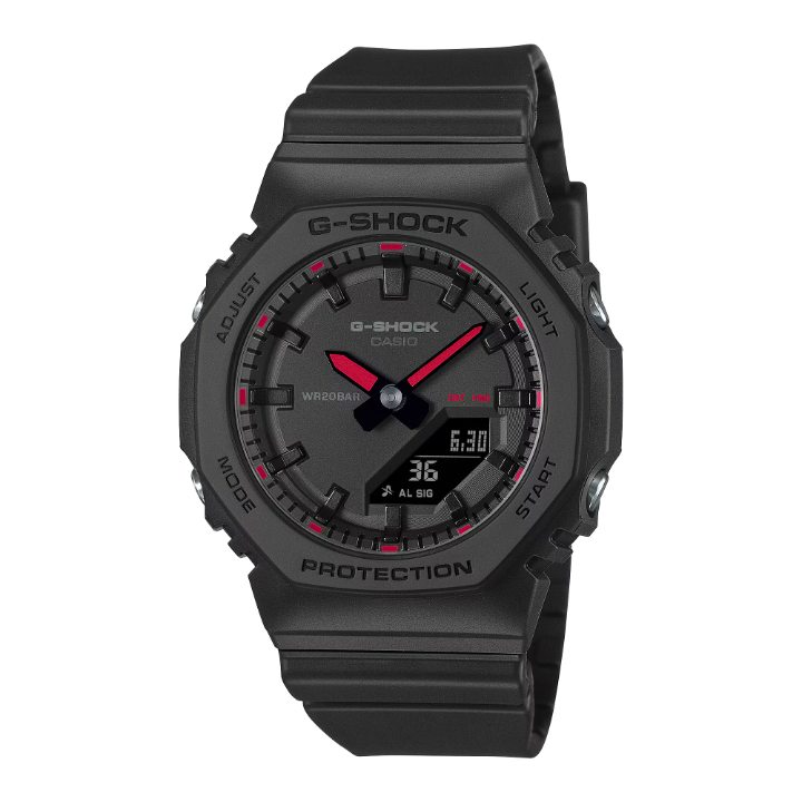 島根県松江市のメガネ時計宝飾 長谷川時計店で再入荷のG-SHOCK GMA-P2100SA-1A1JF。ビビッドピンクの差し色が映えるコンパクトな時計で松江のファッションに最適。
