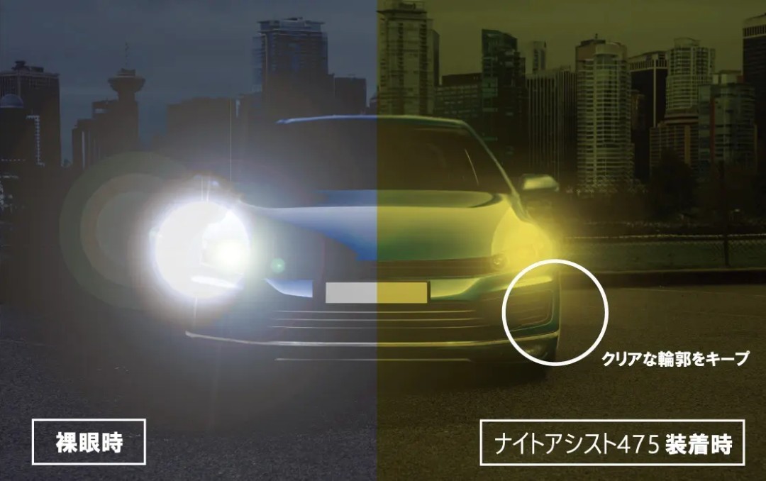 イトーレンズ ナイトアシスト475は夜間、車のヘッドライトの光をやわらげる。比較写真。