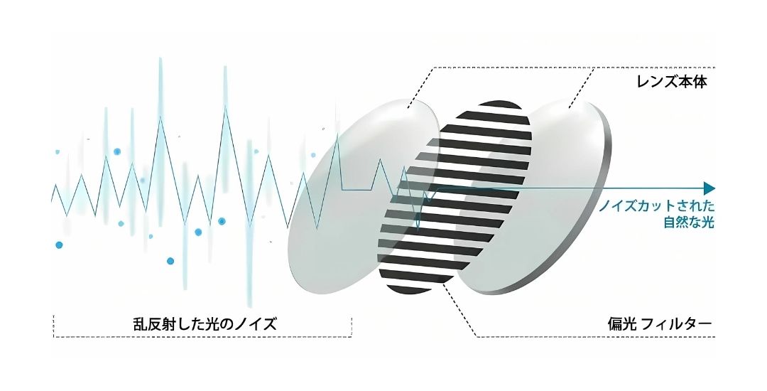 偏光レンズの仕組みと構造。偏光膜で乱反射する光をカット