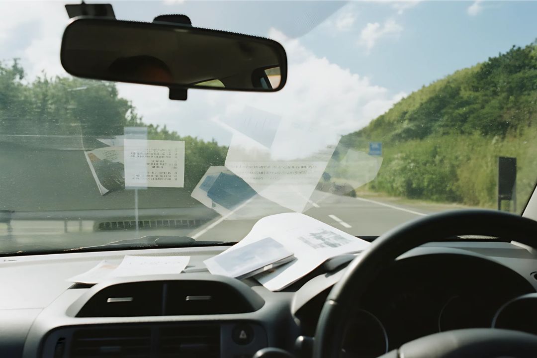 車のフロントガラスにダッシュボード上の書類が映り込み反射する様子