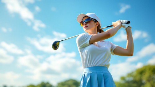 偏光サングラスを掛けてゴルフを楽しむ若い女性