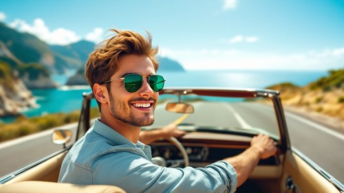 レイバン風の偏光サングラスを掛けたオープンカーに乗っている男性