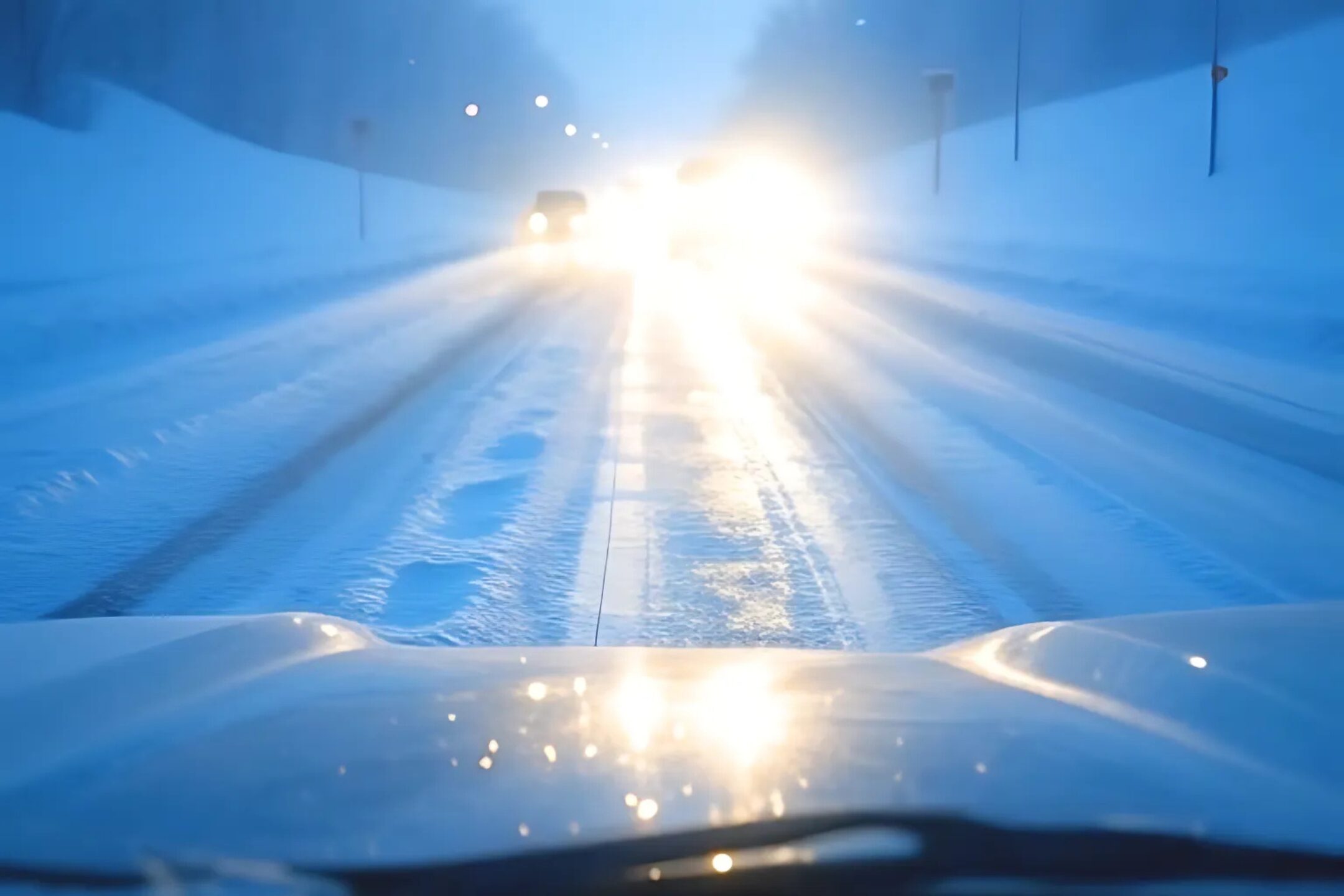 強く反射した雪や氷で覆われた路面と、眩しいヘッドライト
