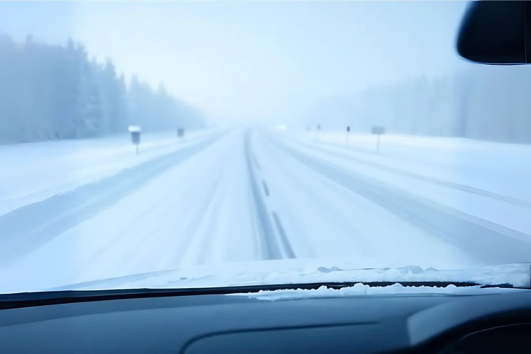 一面が真っ白になった陰影が失われた雪景色。コントラストが極端に低下