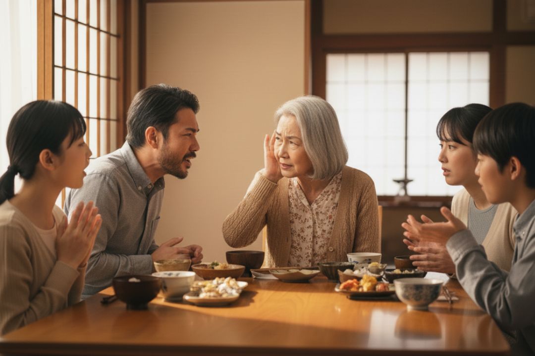 家族団らんの食事で声が聞こえない加齢性難聴の高齢者