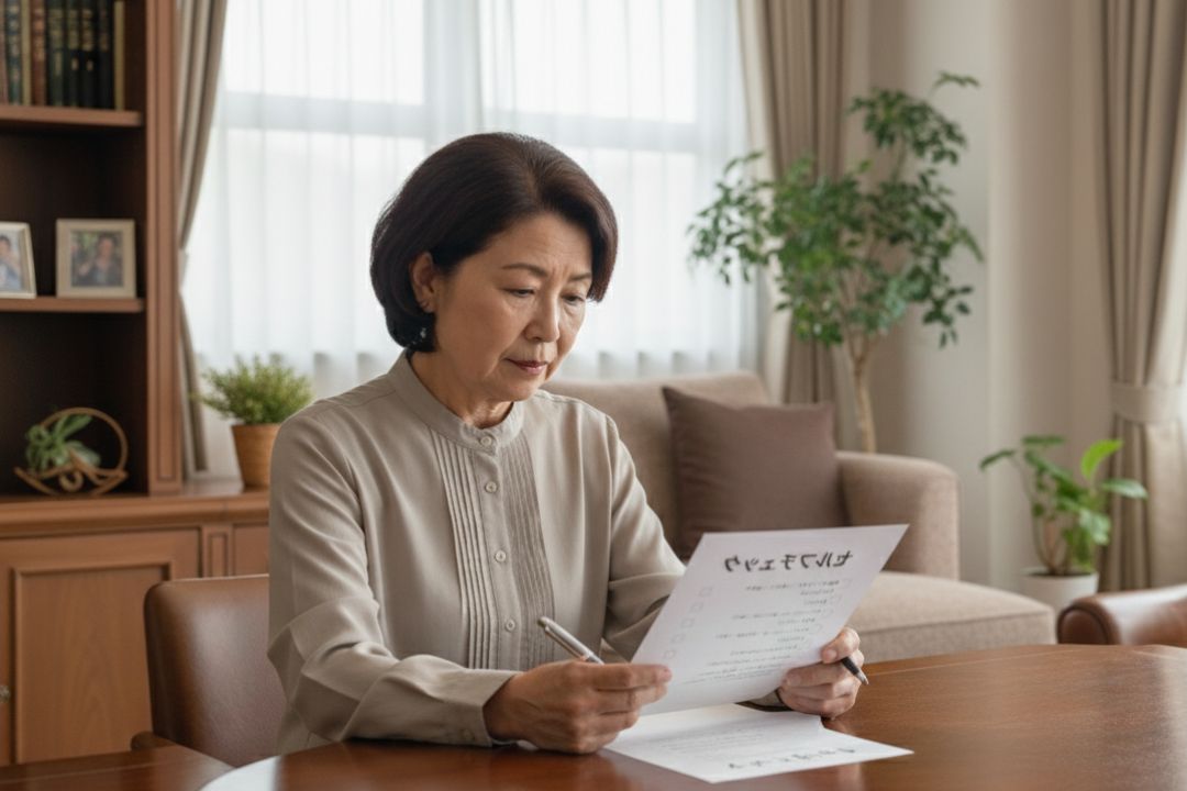 聞こえのセルフチェックをしている島根県出雲市の老人女性