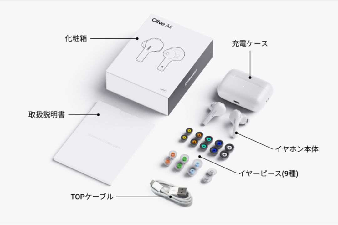 集音器オリーブエアー（Olive Air）の付属品リスト|サイズ違いのイヤーピースも付く