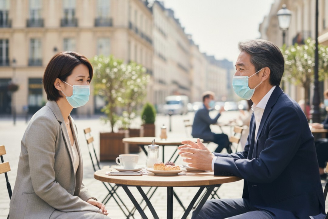 カフェでマスク着用して話す二人の大人｜聞き取りづらい