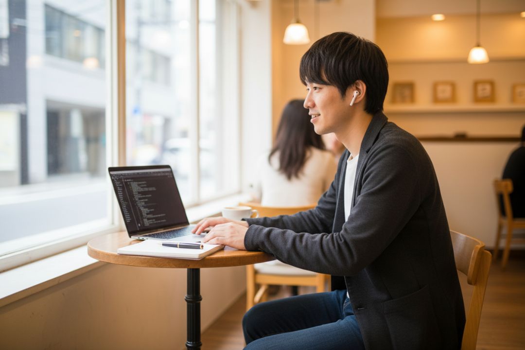 音楽をワイヤレスイヤホンで楽しみながら、カフェで行う仕事