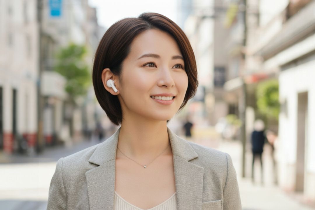 iPhoneのエアーポッズに似た、おしゃれなデザインでファッショナブルな女性