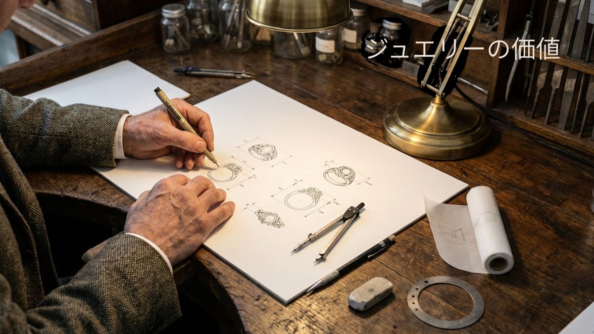 地金相場だけでは測れないジュエリーの価値（デザイン・石・思い出）を表すイメージ