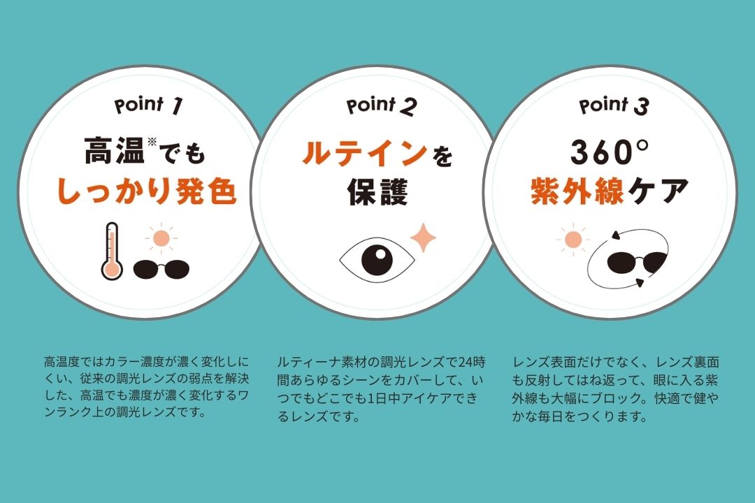 東海光学 ルティーナフォト2 3つの特長:高温でもしっかり発色・ルテインを保護・360度紫外線ケア